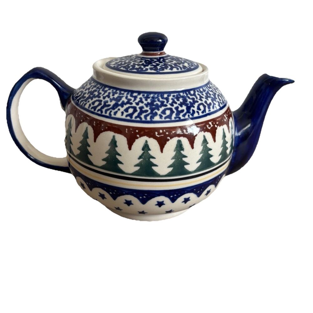 Boleslawiec POLISH POTTERY POLAND PINE TREES WINTER TEAPOT 4 CUPS 32 FL.OZ RARE